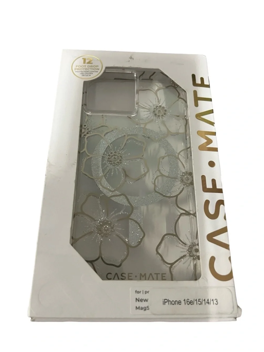 case-mate Clear Floral Glitter iPhone Case - Gold Floral Accents 16e/15/14/13